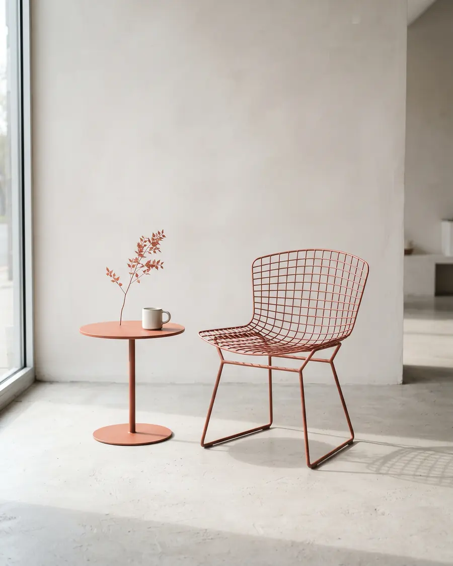 Cadeira e mesa de arame com pintura eletrostática terracota
